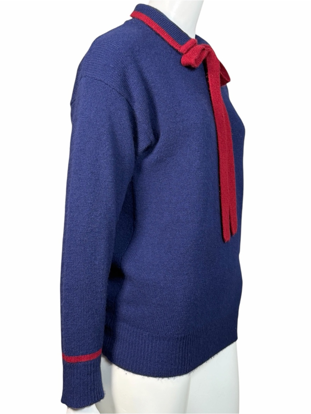 Vintage Neiman Marcus Sweater Navy Red Bow Collar Knit Soft Luxury S - Picture 3 of 8